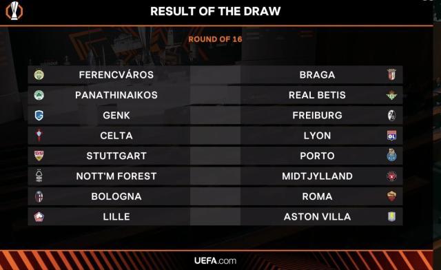 开云APp-欧联&amp;欧协16强抽签：维拉对阵里尔，罗马打响内战